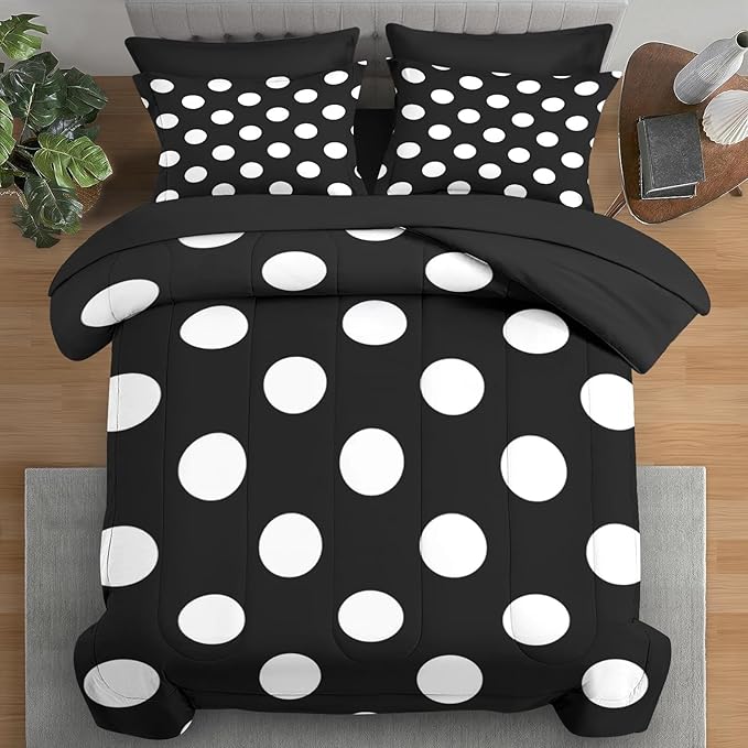 Comforter Set Full Size, Polka Dot Retro White Black 7 Pcs Bedding for Kids and Adults, Geometric Plaid Modern Bed Sheet Sets with Fitted Sheet 2 Pillowcase & 2 Sham for Bedroom Bed Decor