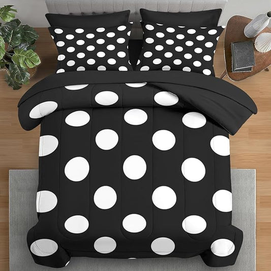 Comforter Set King Size, Polka Dot 7 Pcs Bedding for Kids and Adults, Black and White Bed Sheet Sets with Fitted Sheet 2 Pillowcase & 2 Sham for Bedroom Bed Decor