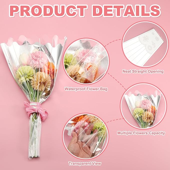 YELARXI Clear Flower Wrapping Bags, Transparent Flower Packaging Bag Waterproof Bouquet Sleeves with Lace - Fitting for (Florists/Floral Arrangements Supplies), 13.8x3.9x19.7 Inch & 100Pcs