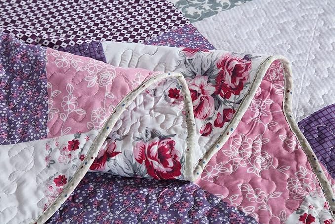 Travan Bedspread Quilt Set 3-Piece Lightweight Coverlet Set with Shams Reversible Quilted Bedding Set for All Season, Purple Floral, King Size