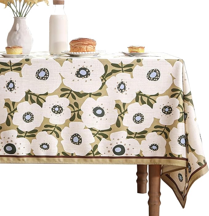Designer Vintage Square Tablecloth,Linen French Tablecloth with White Floral Pattern,Decorative Table Cover for Kitchen,Dining,Thanksgiving,Tea Party,67" × 67"-Hidaka