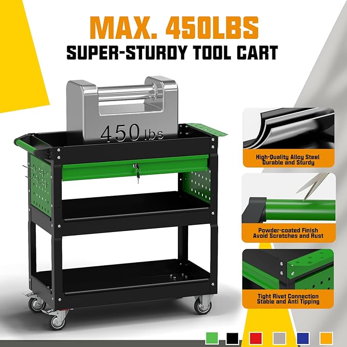 3 Tier Rolling Tool Cart on Wheels, 450 LBS Capacity Tool Cart with Drawers, Heavy Duty Rolling Utility Cart on Wheels, Rolling Work Carts for Garage, Warehouse and Repair Shop,Black Green