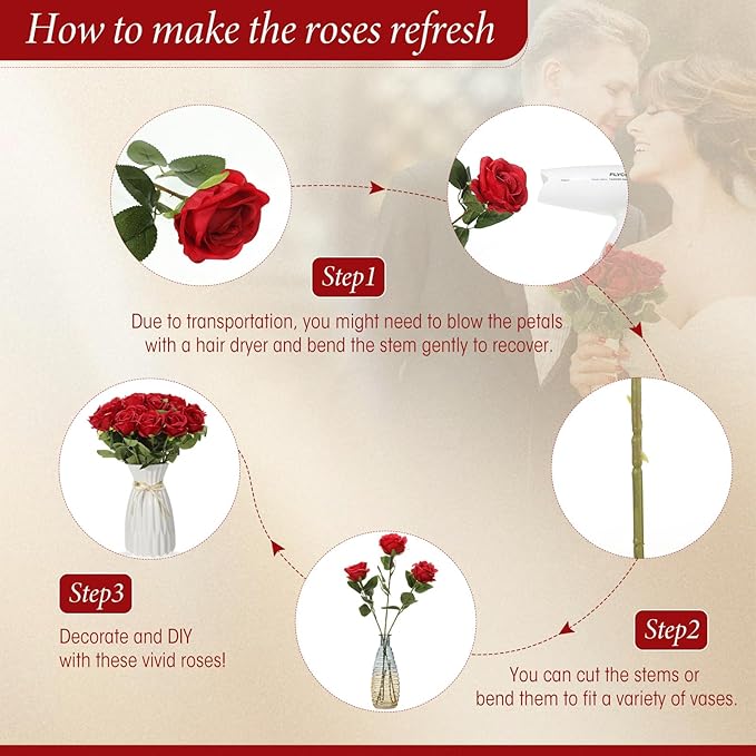 Hotop 40 Pcs Rose Artificial Flowers Bulk with Long Stem,Realistic Silk Fake Roses Bouquet for Home Wedding Centerpieces Party Table Decoration Valentines Gifts(Red)
