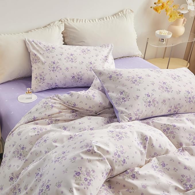 Purple Floral Comforter Set King Soft Fluffy Microfiber Garden Floral Bedding Comforter Set Chic Shabby Flowers Printed Comforter with 2 Pillowcases Vintage Botanical Comforter Set All Season King