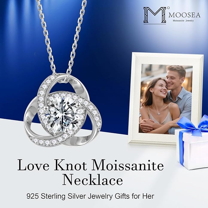 MOOSEA Love Knot Moissanite Necklace for Women, 1-3 ct D Color VVS1 Clarity 925 Sterling Silver Moissanite Pendant Necklace Anniversary Birthday Christmas Gifts for Women Wife Mom Girlfriend