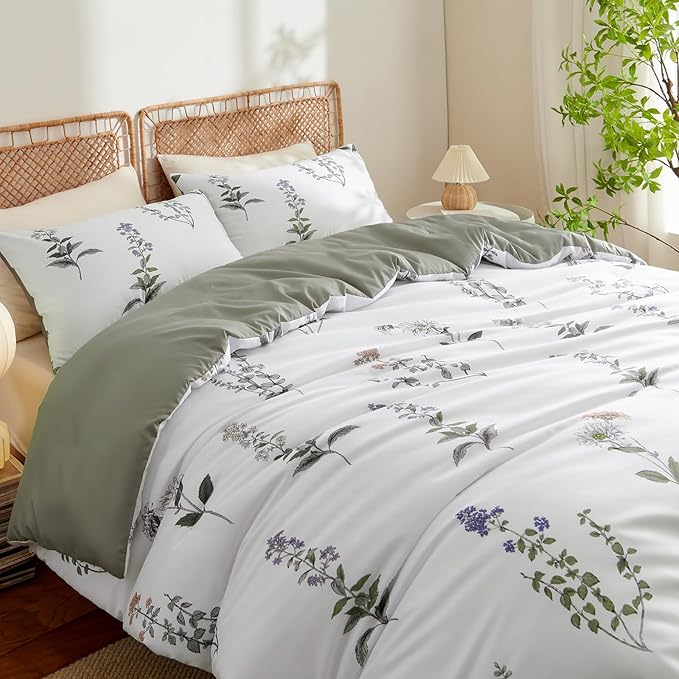 Nayoroom Floral Duvet Cover Full Size White Green Botanical Flower Cottagecore Bedding Set 3 Pieces Soft Lightweight Reversible Aesthetic Duvet Cover with Zipper Closure