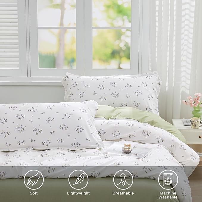 SAPHREAS Twin Duvet Cover White Cute Floral Bedding Set with 8 Corner Ties and 1 Pillow Sham Microfiber Reversible Duvet Cover Set with Zipper Closure, Green