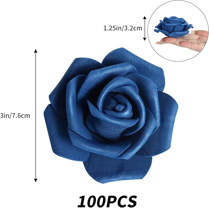 IPOPU Artificial Roses Flowers Heads, 100 Pcs Navy Blue Foam Fake Roses Bulk 3inch Stemless Faux Flowers for DIY Wedding Bouquets, Crafts, Wall Decor,Bridal Shower Party Home Decor(Navy Blue)