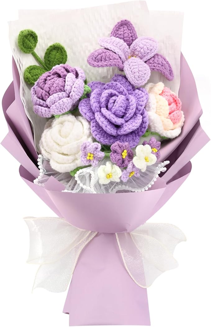 Crochet Flowers,Finished Bouquet Crocheted Cotton Thread Flowers, Handmade Crochet Rose Tulip Fern Leaf as a Gift for Lover, Friends. Artificial Flower (Purple)