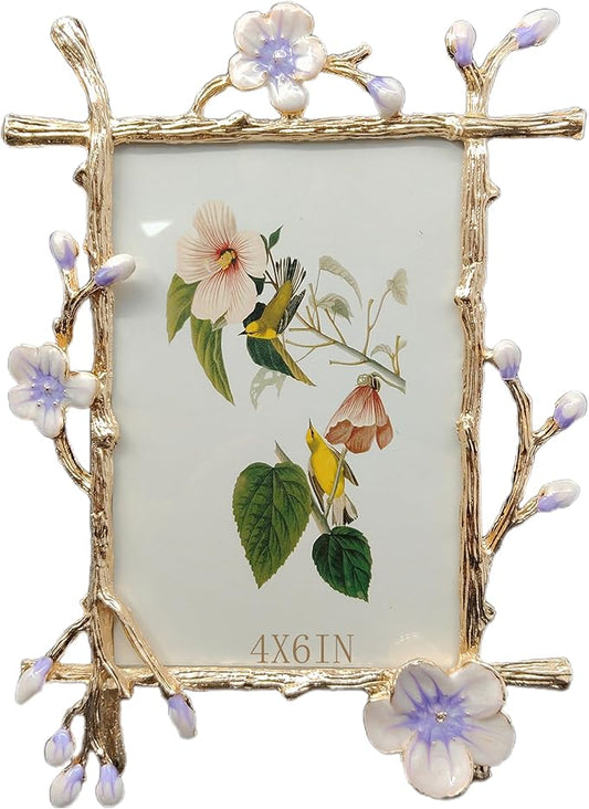 Vintage 4X6 Purple Picture Frame with Enamel Finis Glass Front - Ornate Antique Metal Flowers Photo Frame Tabletop/Wall Display Bedroom, Anniversary, Wedding Decorations and Gifts