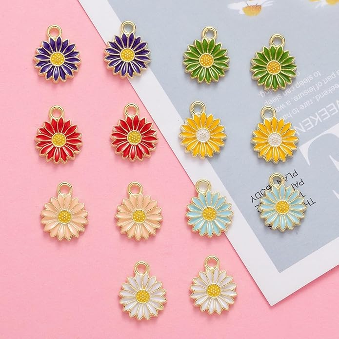 70Pcs 7 Colors Enamel Daisy Flower Charms for Jewelry Making Gold Plated Sunflower Charm Spring Summer Floral Pendant for Bracelet Necklace Earrings Keychains DIY Craft Supplies Accessories-13mm