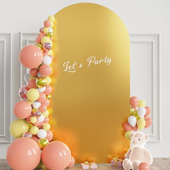 Wokceer Wedding Arch Cover 7.2FT Spandex Fitted Wedding Arch Stand Covers Round Top Chiara Arch Backdrop Cover for Birthday Party Ceremony Banquet Decoration Gold