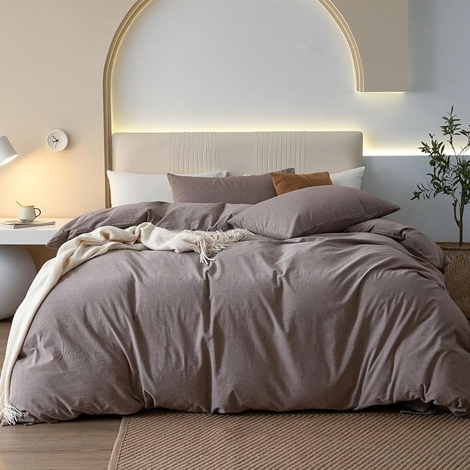 JIYUAN 100% Washed Cotton Duvet Cover Set 3 PCS Oversized King Plus, 1 Duvet Cover 128"x120"(Comforter Not Included) and 2 Pillowcases,Linen Feel Bedding Set Comfy and Breathable,Heathered Mauve Brown