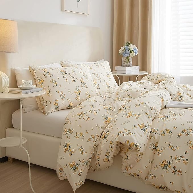 LIFETB Yellow Botanical Duvet Cover King Soft Cotton Floral Bedding Sets Chic Aesthetic Comforter Cover Vintage Garden Style Flower Print Duvet Cover Luxury Bedding Sets