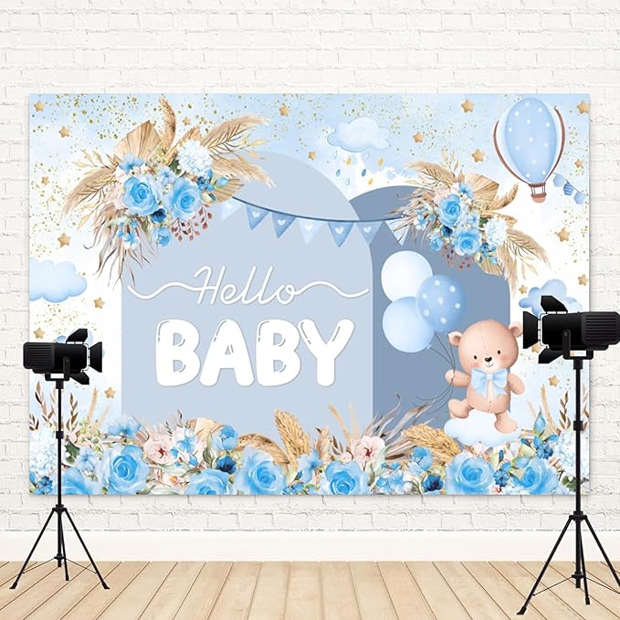 5x3ft Hello Baby Backdrop Blue Gold Boho Floral Bear Baby Shower Photography Background Balloon Stars Clouds Banner Decorations Welcome Newborn Celebration Party Portrait Photo Booth Prop