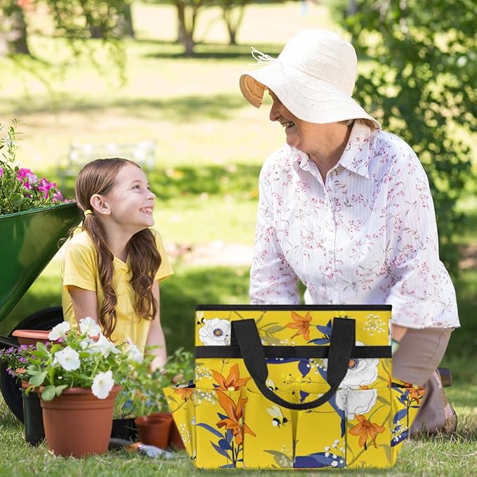 Flower Bee Butterfly Garden Tool Tote Bag for Women Men Gardening Tool Storage Bags with 10 Pockets Standable Garden Home Tool Kits Organizer for Indoor Outdoor Gardening Gifts