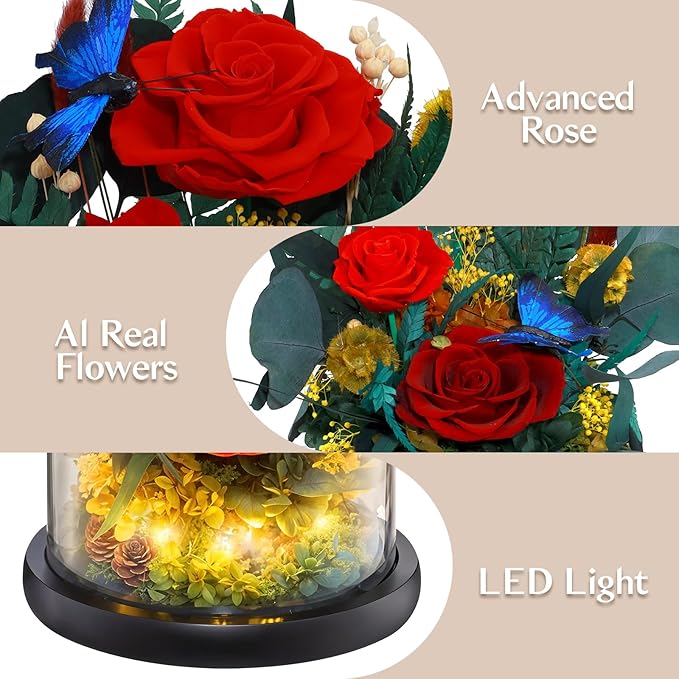 Preserved Rose with Butterfly, LED Forever Flowers in Glass Dome, Eternal Flowe for Women, Birthday Gifts for Mom Friend, Includes Greeting Card & Luxury Gift Box (Red)