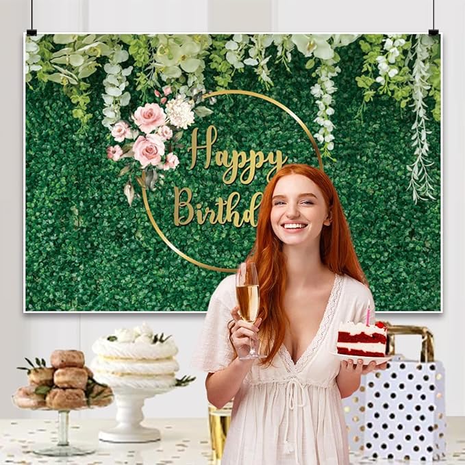 10x5ft Happy Birthday Backdrop Green Grass Flowers Wall Greenery Green Leaves Nature Botanical Photography Background Birthday Party Anniversary Portrait Studio Photo Props Polyester
