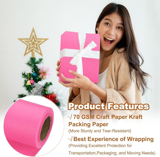 PATIKIL Wrapping Paper, 12" x 300"(25') 70 GSM Craft Paper Roll Kraft Packing Paper for Poster Bulletin Board, Gift Wrapping, Pink