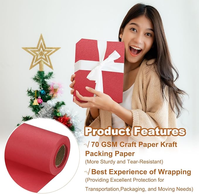 PATIKIL Wrapping Paper, 15" x 394"(33') 70 GSM Craft Paper Roll Kraft Packing Paper for Poster Bulletin Board, Gift Wrapping, Red