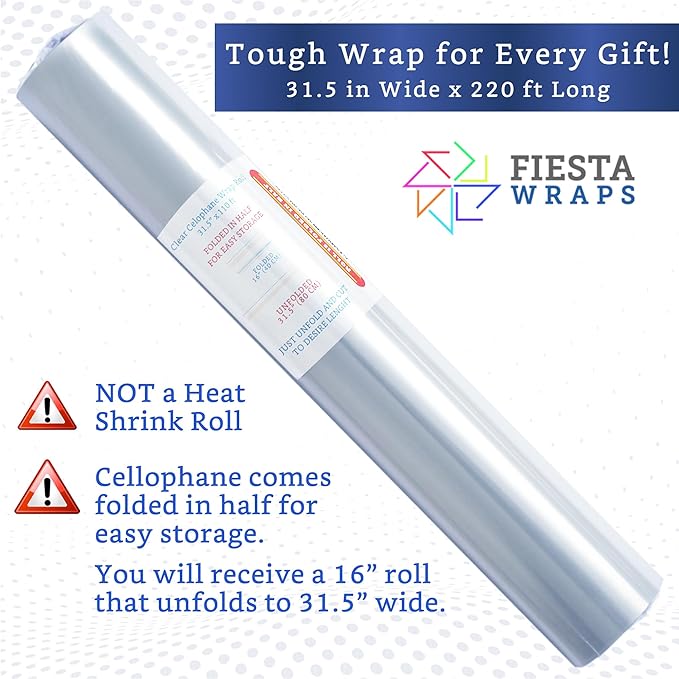 FIESTA WRAPS 220 ft Clear Cellophane Wrap Roll (31.5 in x 220 ft) - Cellophane Roll - Clear Wrapping Paper to Wrap Gift Baskets - Gift Basket Wrapping Supplies - Papel Celofán Transparente