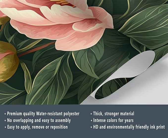 KIREUPA Peony Flower Wall Mural, Retro Pink Peony Flower 3d Wall Murals, Romantic Garden Theme Wallpaper Mural, for Living Room Bedroom Large Wallpaper Indoor Decor 177.16" W x120 H