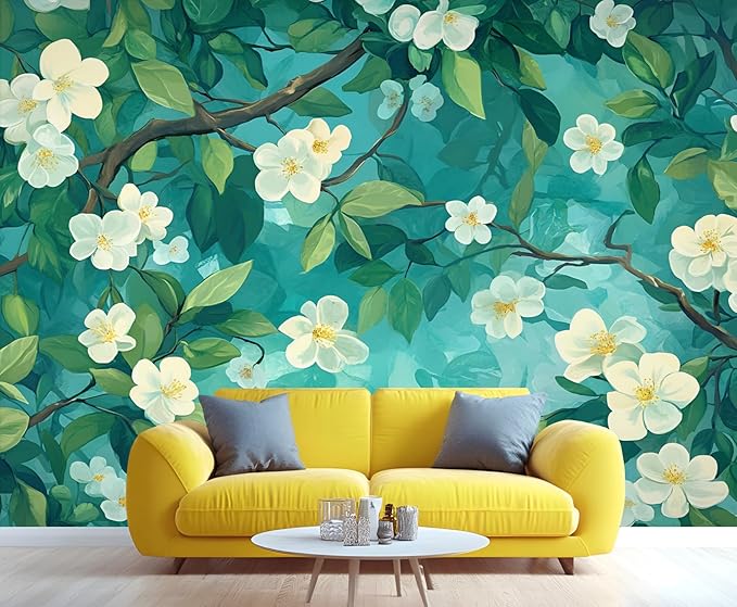Jasmine Blossom Wall Mural, Elegant Floral Landscape 3D Wall Murals, Nature Turquoise Botanical Wallpaper Mural, for Living Room Bedroom Large Wallpaper Indoor Decor 59" W x39.4 H