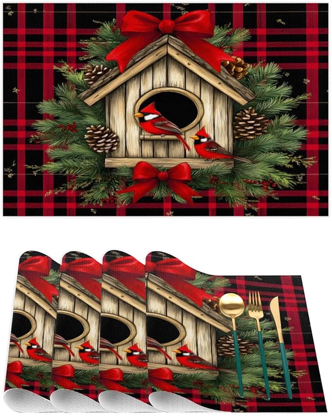 Christmas Art Waffle Cardinal Placemats Set of 6 PVC Vinyl Non Slip Table Mats Heat Resistant Place Mats Washable Wipeable Dining Table Mat for Kitchen Decor Party Indoor Outdoor Decorative Gift