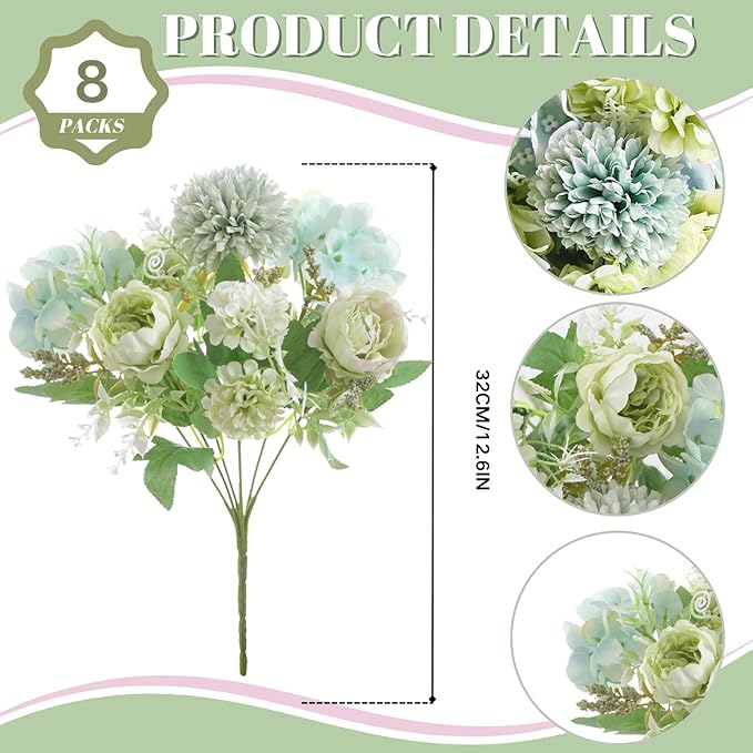 ASTRYAS 8Pcs Green Peonies Artificial Flowers, Fake Silk Peony Flowers Bouquets Arrangements Wedding Party Home Kitchen Garden Table DIY Floral Centerpieces Decor(Sage Green)