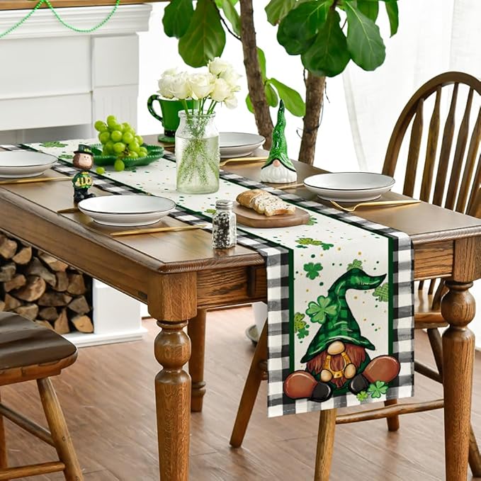 Artoid Mode Buffalo Plaid Shamrock Gnome St. Patrick's Day Table Runner, Seasonal Spring Holiday Kitchen Dining Table Decoration for Indoor Outdoor Home Party Decor 13 x 90 Inch