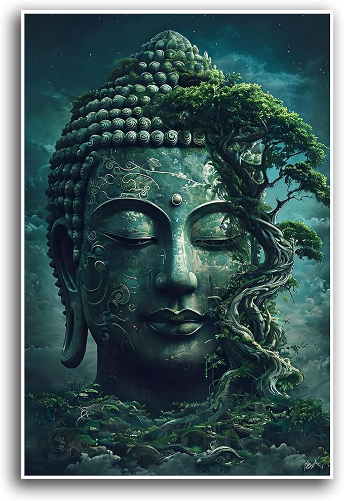 Buddha statue wall art canvas wall decor aesthetic picture mystical nature art for tranquil home and spiritual space 24x36in Frameless