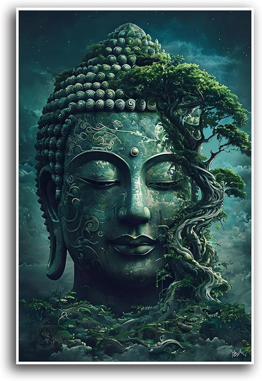 Buddha statue wall art canvas wall decor aesthetic picture mystical nature art for tranquil home and spiritual space 24x36in Frameless