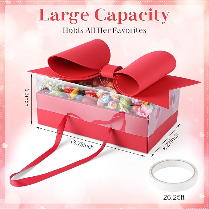 AceOrbit 2 Set Flower Gift Box with Bow Paper Empty Large Red Gift Baskets with Lid and Handle Squared Cardboard Fillable Present Chocolate Packaging for Christmas Valentine Birthdays Bridal Wedding