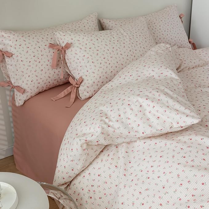 AOJIM Floral Print Bedding Duvet Cover Full Size, Soft Cotton Comforter Cover Set 3pcs for All Seasons, 1 Skin-friendly Duvet Cover 80x90'' with Zipper Closure and 2 Pillowcases with Bowknot, No Duvet