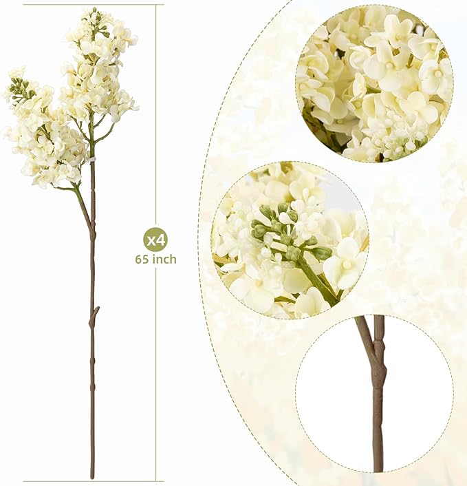 4PCS 25.6inch Lilac Artificial Flowers White Fake Delphinium Long Stem Silk Real Touch Flower Faux Lilac Floral Arrangement for Tall Vase Table Centerpieces Wedding Garden Home Decoration（White）
