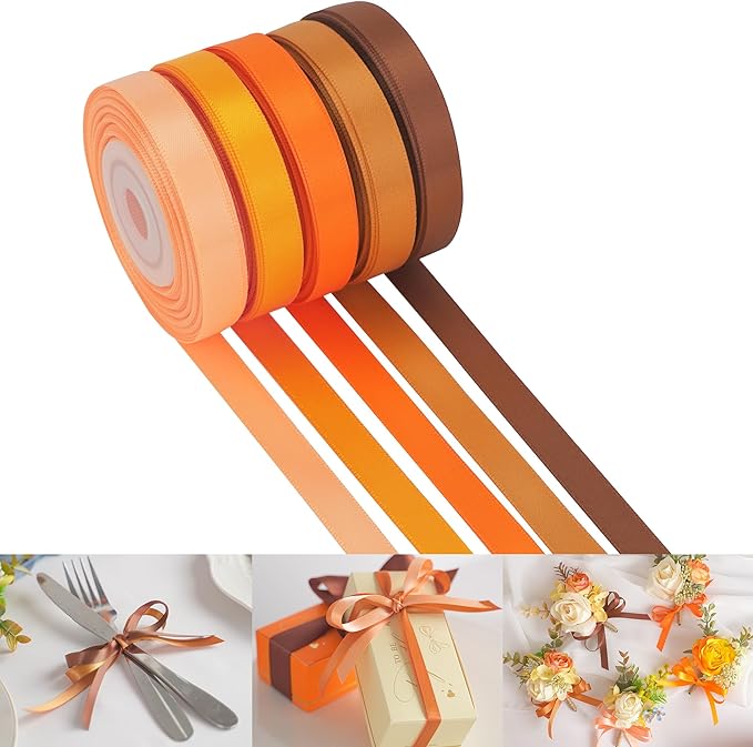 HUIHUANG Satin Ribbon 3/8 inch Orange Terracotta Double-Faced Silk Satin Ribbons for Hair Crafts Bows Making Gift Wrapping Fall Wedding Bridal Shower Decor - 5 Rolls, Total 50 Yards
