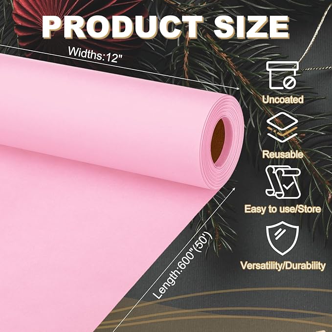 PATIKIL Wrapping Paper, 12"x600"(50') Bulletin Board Paper Roll Kraft Paper Roll Construction 80GSM for Shipping Packing Gift Wrapping Craft Flower Bouquet Christmas, Pink