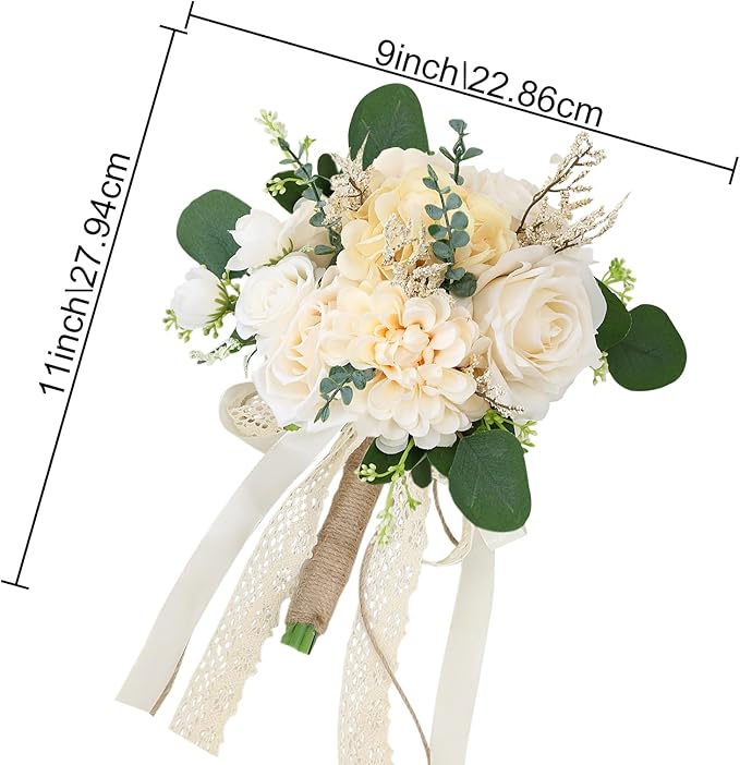 Set of 2 Bridesmaid Bouquets for Wedding, 9 Inch Boho Bridesmaid Flowers for Ceremony Anniversary Centerpieces Decorations, Artificial Rose Bouquets Vintage - Beige