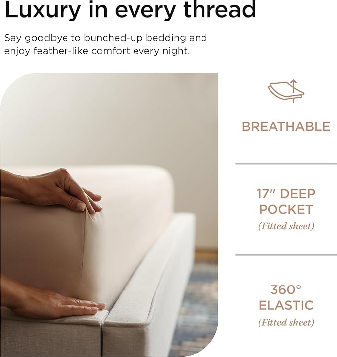 Threadmill Luxury Supima Cotton Sheets, 1200 Thread Count Soft 100% Cotton Sheets for King Size Bed, 4 Pc Beige King Bed Sheets Set, 5-Star Hotel Quality with Elasticized Deep Pocket King Sheets