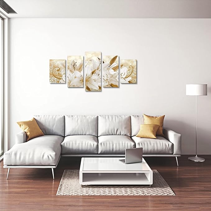 LUDUHU Golden Orchid Flowers Canvas Print - Abstract Floral Wall Art Painting Decor for Home Decoration, Contemporary White Floral Artwork Picture Bedroom Wall Art Decor (E,Oversize 40x20inch)