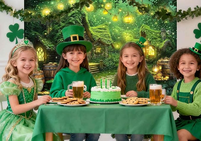 7X5ft St. Patrick's Day Backdrop Magic Enchanted Forest Green House Lucky Irish Shamrock Gold Coins Wonderland Photography Background for Kids Girls Party Decoration Cake Table Photo Booth Props