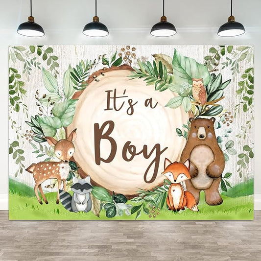 12x8ft Woodland Baby Shower Backdrop It's a Boy Photography Background Jungle Green Grass Safari Animals Bear Fox Baby Boys Party Banner Decorations Newborn Portrait Photo Booth Prop