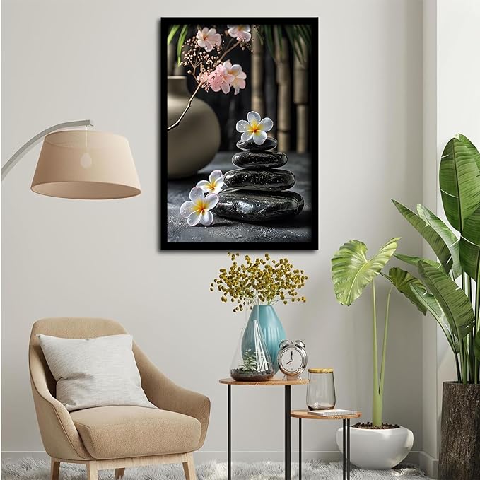 A harmonious black stone stack paired with white and pink flowers bamboo and ceramic vases creates a tranquil Zen decor for minimalist homes and mindful spaces 8x12in Metal blackFramed