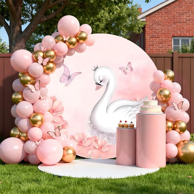 AOFOTO Swan Round Backdrop Pink Floral Butterfly Print Photography Background for Baby Shower Women Newborn Girls Birthday Party Banner Home Wall Decor Photo Studio Booth Props 4.1x4.1ft