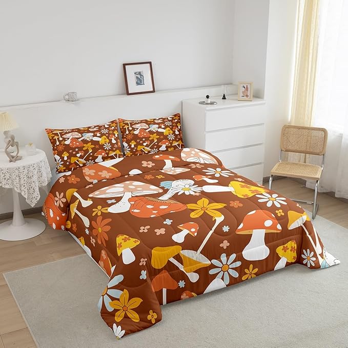 Castle Fairy 60s 70s Retro Hippie Comforter Set Full Size,Groovy Flowers Mushroom Print Bedding Comforters for Girls Teens,Boho Art Down Comforter with 2 Pillowcases,Chic