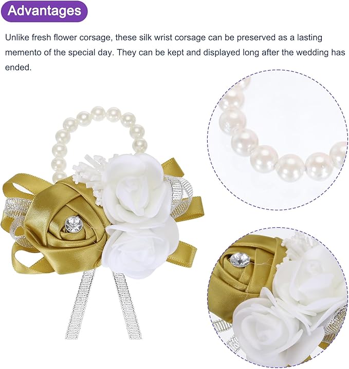 MECCANIXITY 8Pcs Wrist Corsage Artificial Flower Bracelets Rose Wrist Bride Groom Decorative for Wedding Ceremony Prom Party Anniversary Khaki