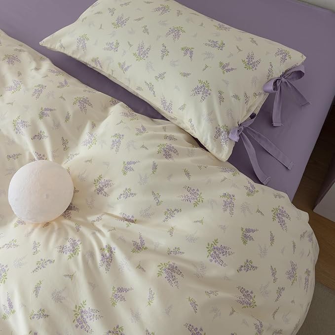 HighBuy Garden Floral Duvet Cover Twin with 2 Bowknot Bow Tie Pillowcases Coquette Aesthetic Comforter Cover Soft Cotton Botanical Boho Duvet Cover with Purple Flowers Country Style Bedding Set