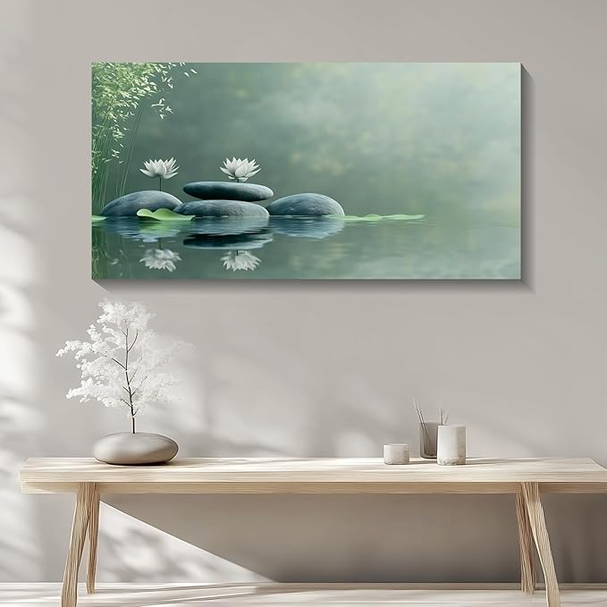 Iallbin Zen Stone Wall Art & Zen Wall Decor, Tranquil misty pond two white lotus flowers -for Yoga Meditation Room, Spa & Bathroom, Green Serenity Art Deco Style, Ready to Hang, 58x29 Inches
