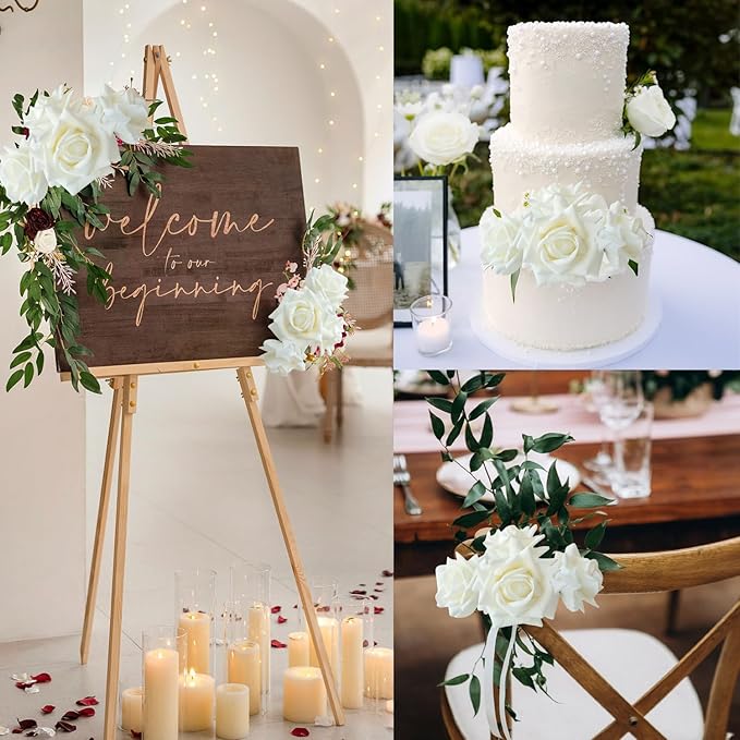 White Flowers Roses Artificial Flowers, 10pcs Soft Real Touch Silk Artificial Roses Stems, Lifelike Faux Rose for Wedding Table Centerpieces Party Home Decoration