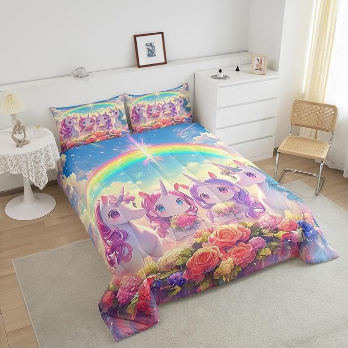 Castle Fairy Kawaii Unicorn Comforter Set King Size,Cartoon Cute Unicorn Horse Animal Reversible Bedding Set All Season Quilt Set,Stars Rainbow Watercolor Flowers Microfiber Polyester Down Comforter